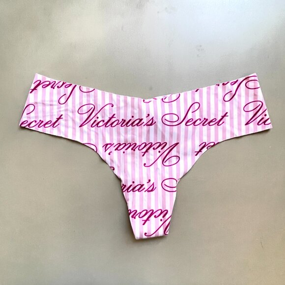 New Victoria's Secret Panty Thong Small Pink White Stripe Logo NWT - Picture 1 of 5